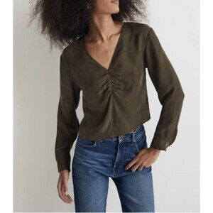 Madewell Women's Brushed Ruched-Front Olive Long Sleeve Top Size 10 Boho